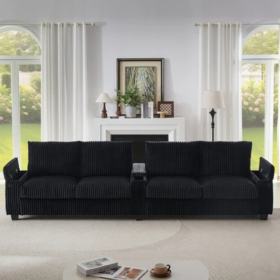 4-seater Corduroy Sofa Couch 133" Modern Sofa With USB Ports, Hidden Storage Arms, Flip-Top Cup Holders For Living Room, Black 9 4-seater Corduroy Sofa Couch 133" Modern Sofa With USB Ports, Hidden Storage Arms, Flip-Top Cup Holders For Living Room, Black - Image 7