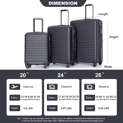 3 Piece Luggage Sets ABS Lightweight Suitcase With Two Hooks, Spinner Wheels, TSA Lock, (20/24/28) Black 3 3 Piece Luggage Sets ABS Lightweight Suitcase With Two Hooks, Spinner Wheels, TSA Lock, (20/24/28) Black
